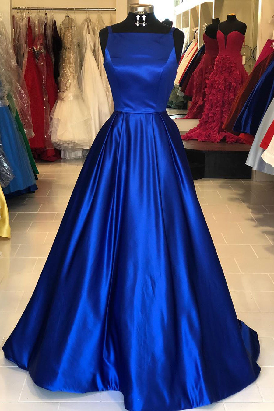 A-Line Sweetheart Neck Satin Blue Long Prom Dress, Blue Evening Dresse –  shopluu